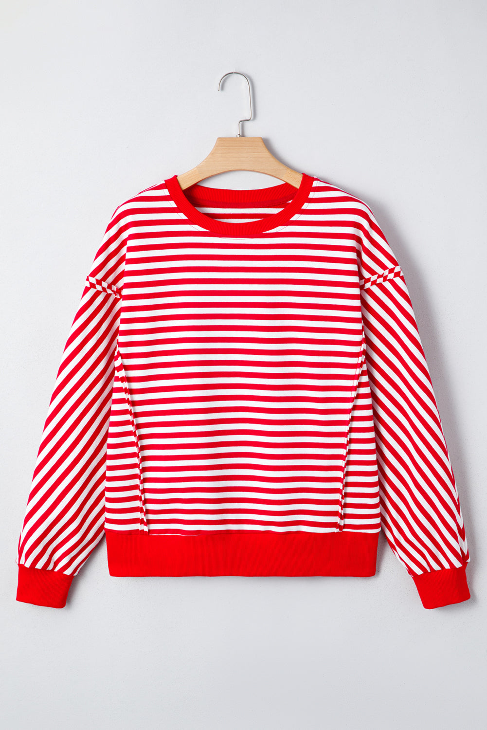 Red Stripe Oversized Pullover Exposed Seam Long Sleeve Top