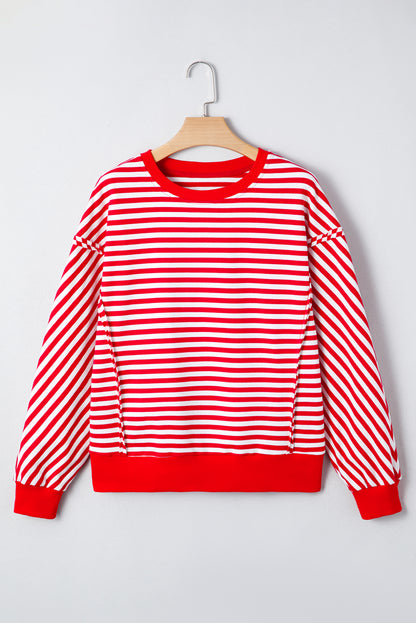 Red Stripe Oversized Pullover Exposed Seam Long Sleeve Top