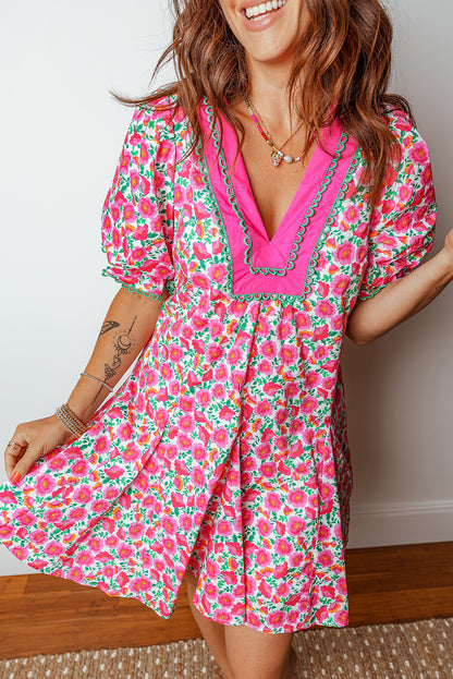 Pink Floral V Neck Puff Sleeve Mini Dress