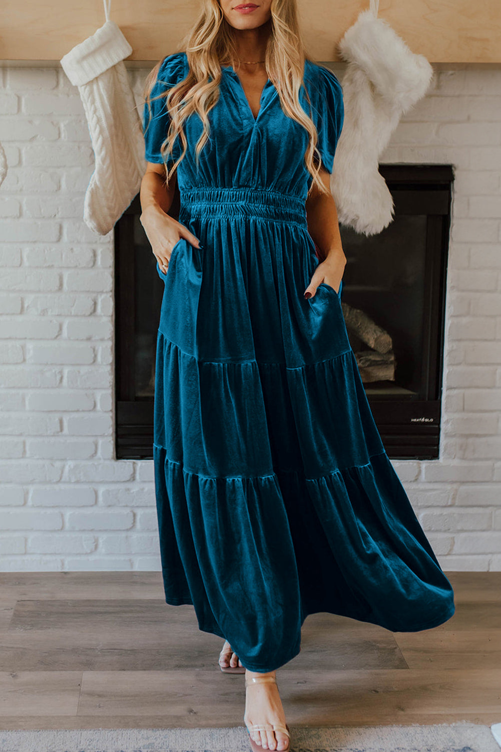 Holiday Red Velvet V Neck Short Sleeve Party Maxi Dress