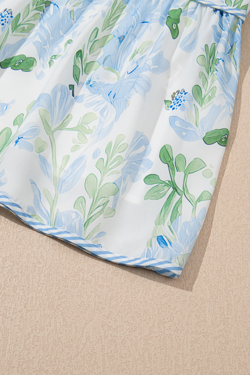 Sky Blue Floral Ruffle Sleeve Tie Neck Mini Dress