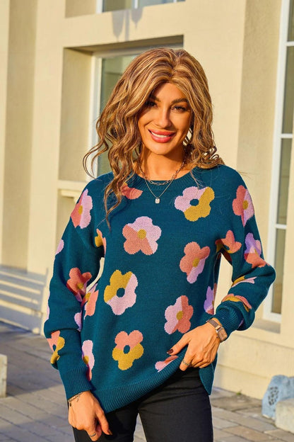 Retro Floral Print Sweater – Colorblock Knit Pullover