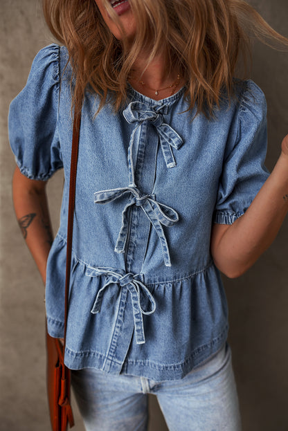 Blue Denim Tie Front Puff Sleeve Peplum Blouse