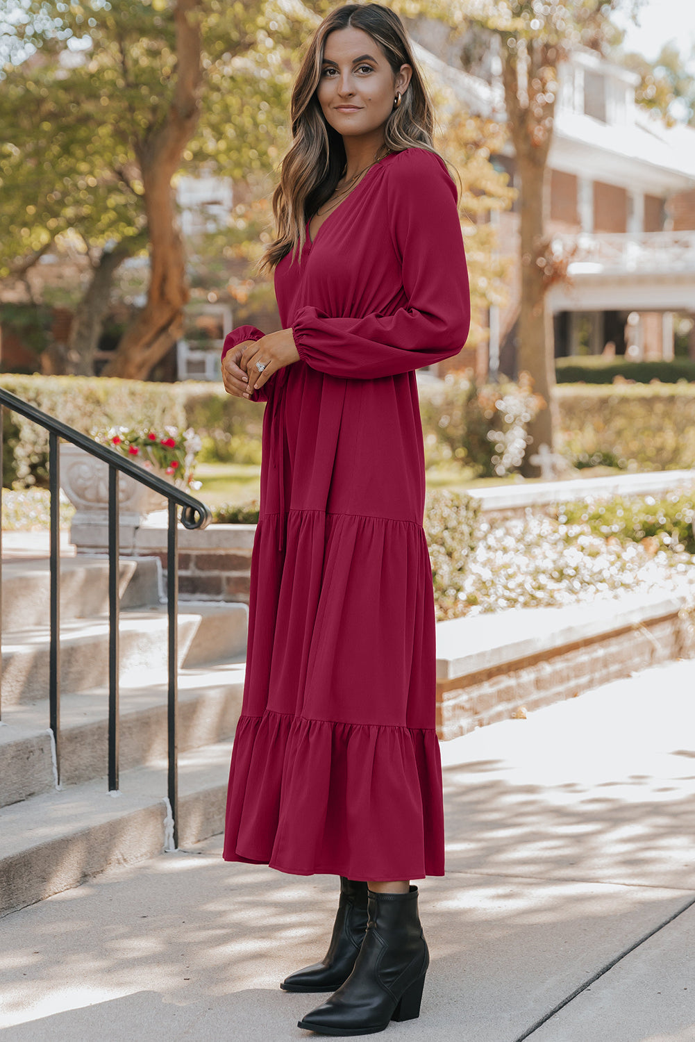 Chestnut Solid Long Sleeve Button V Neck Tiered Maxi Dress