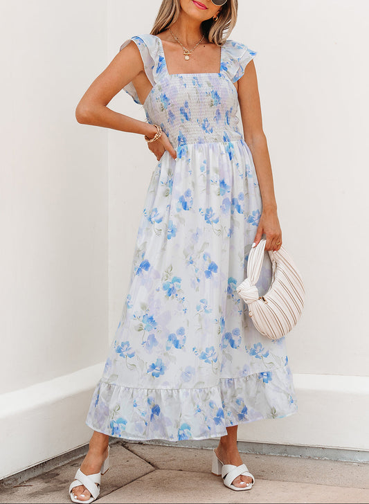 Easter Blue Floral Smocked Maxi Dress