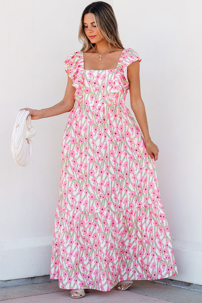 Pink Floral Square Neck Ruffle Sleeve Maxi Dress