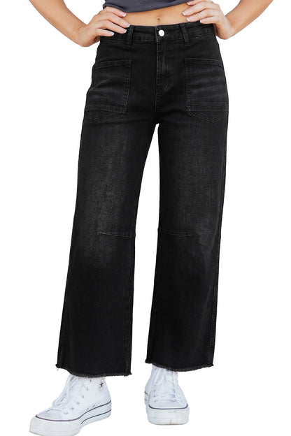 High Waisted Cropped Straight Leg Jeans Raw Hem Denim