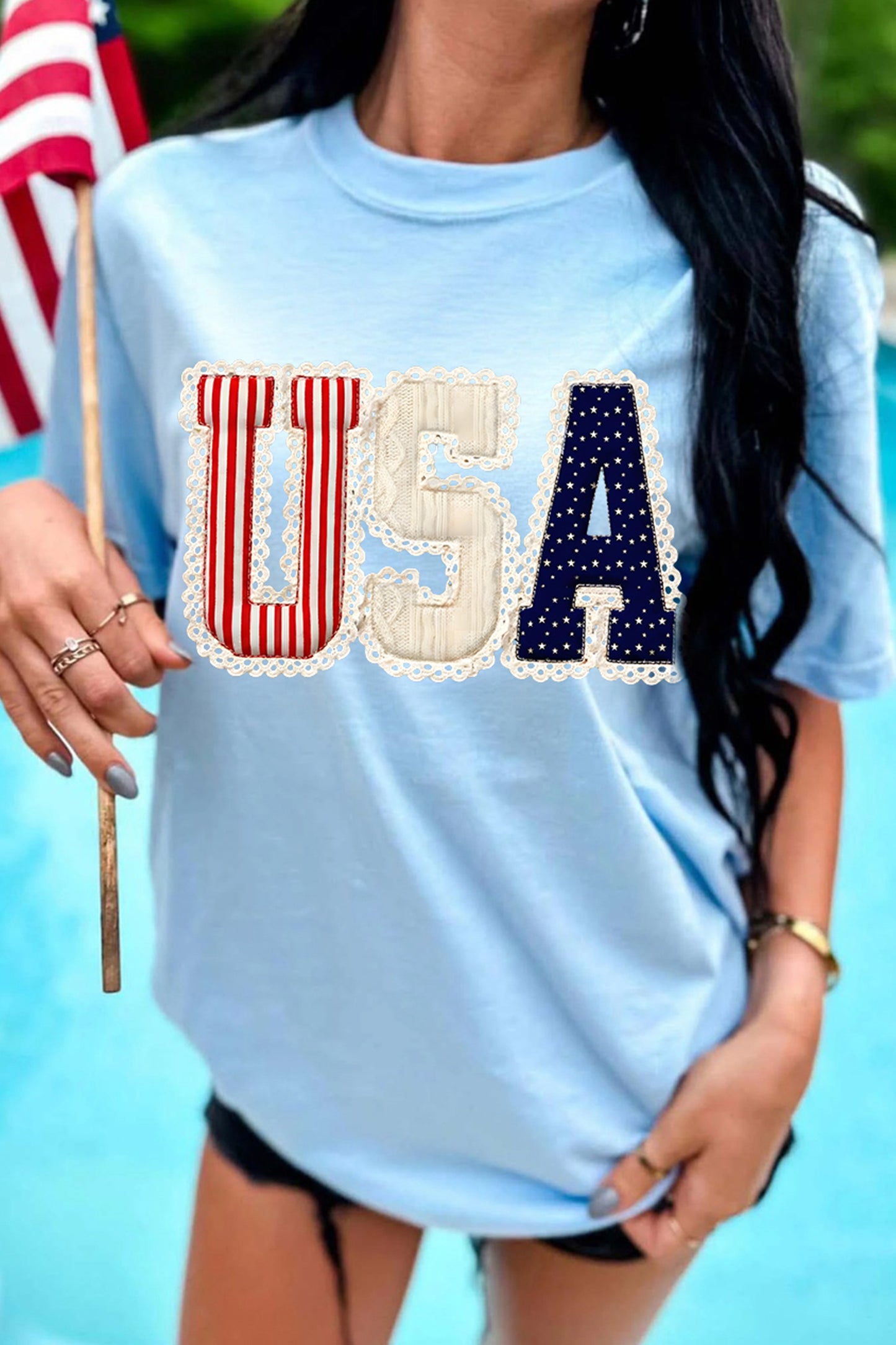 Light Blue USA Patchwork Tee Flag Day Independence