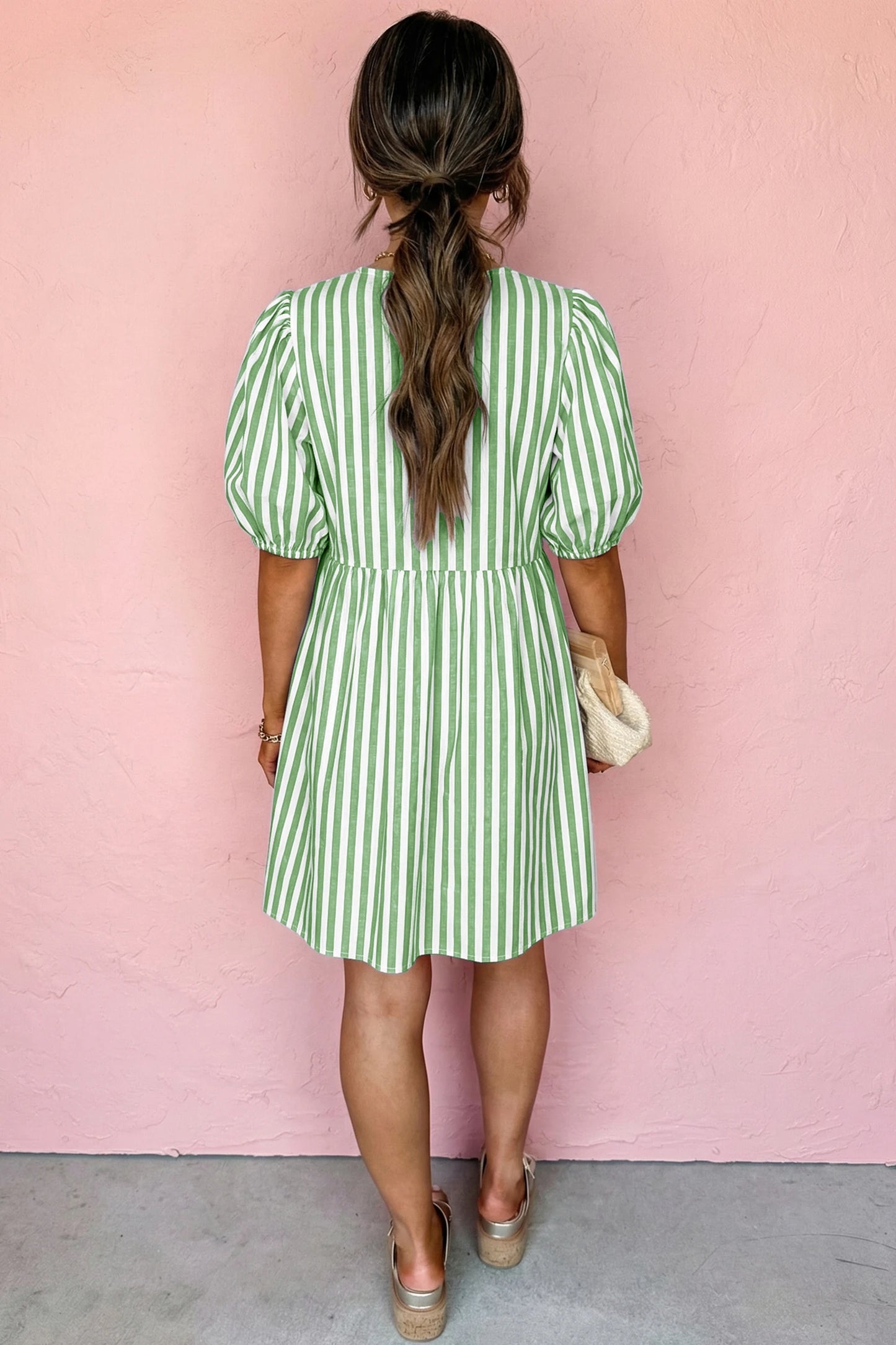 Striped Puff Sleeve Babydoll Dress Loose Summer Mini