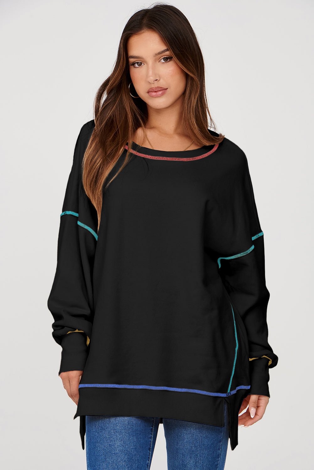 Contrast Stitching Split Baggy Sweatshirt