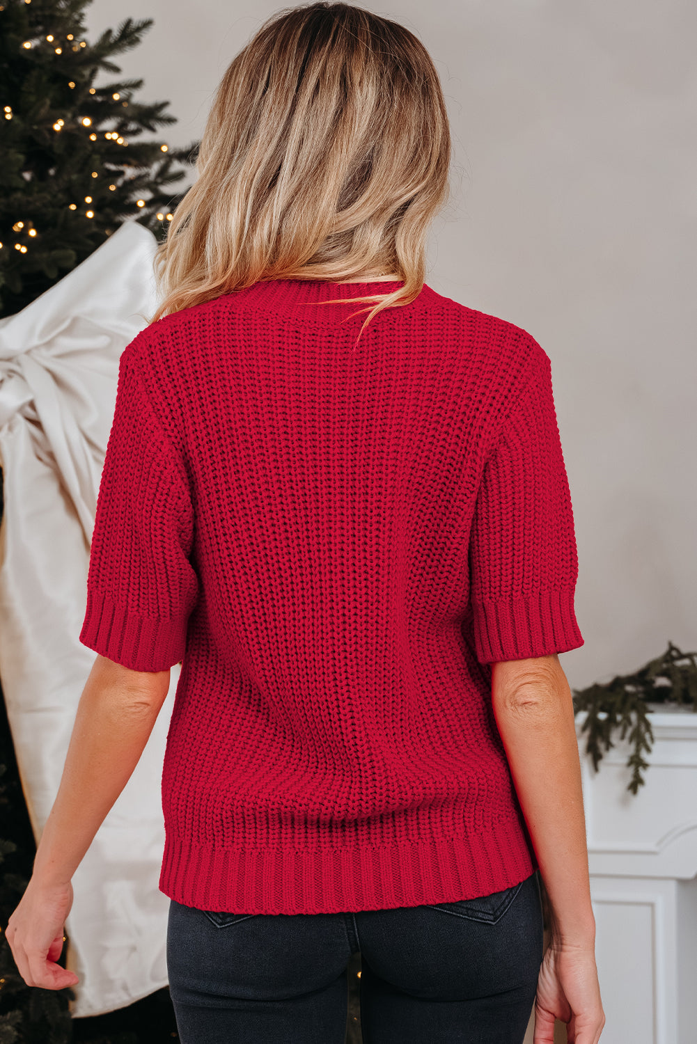 Red Plaid Bow Lace Up Cable Knit Short Sleeve Holiday Sweater