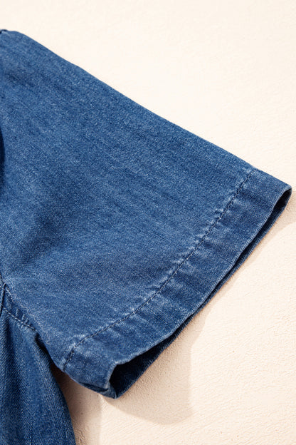 Blue Zip Front Collared Pocket Shift Denim Mini Dress