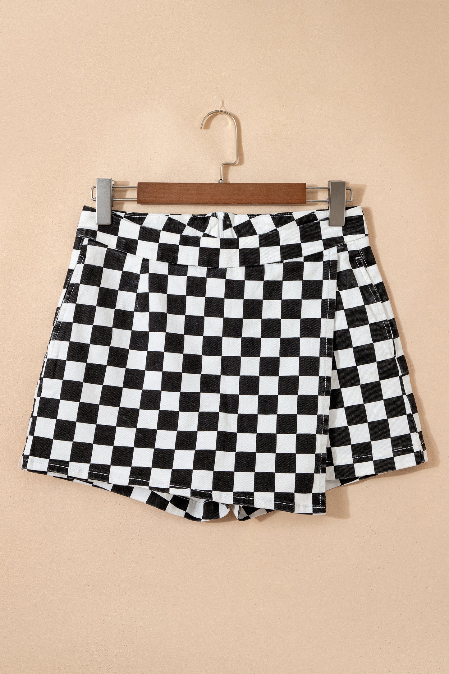 Checkered Print Overlap Denim Skort Mini Shorts
