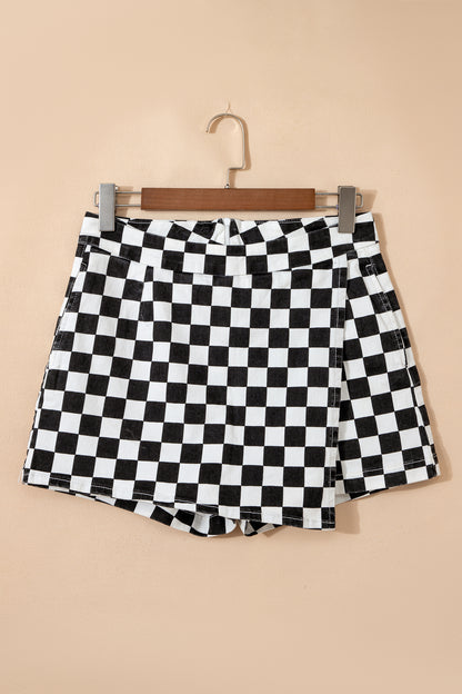 Checkered Print Overlap Denim Skort Mini Shorts