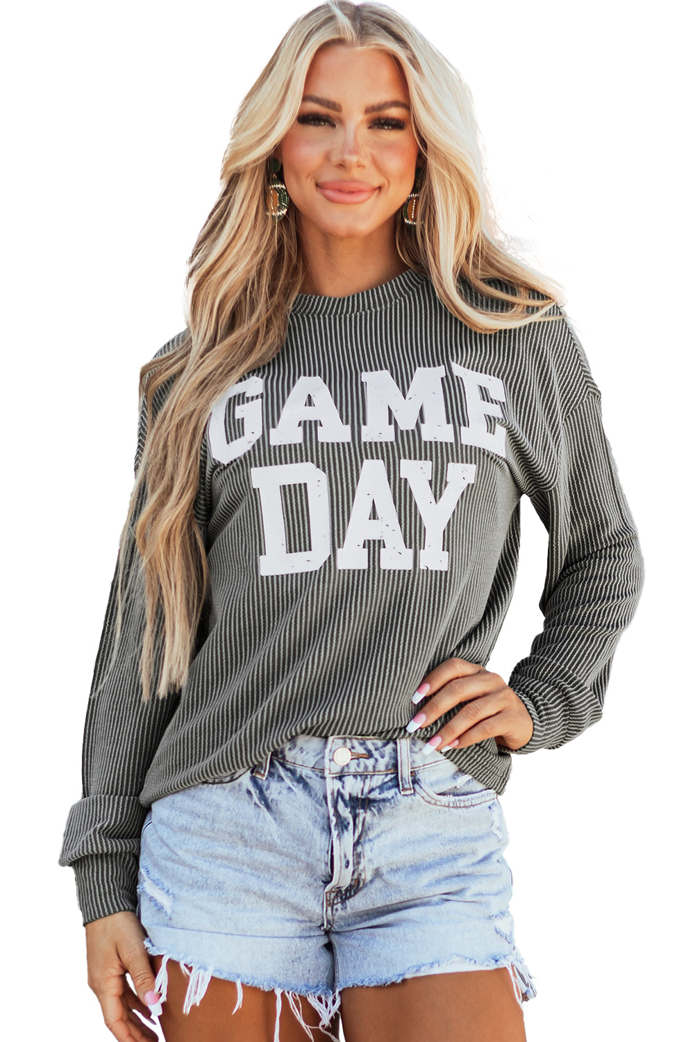Dark Grey Corded Game Day Graphic Long Sleeve Top