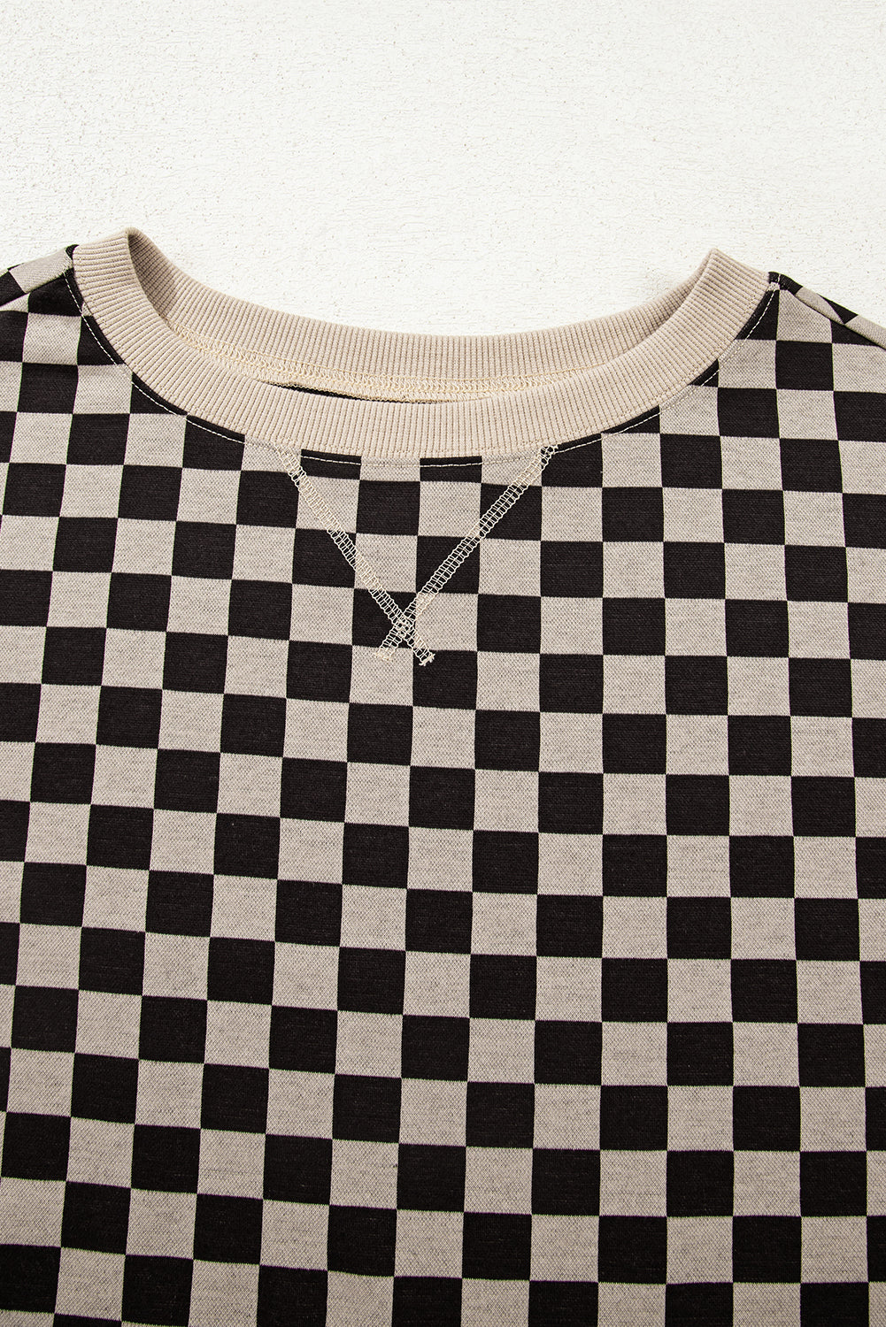 Khaki Checkered Patchwork High Low Round Neck Casual Top