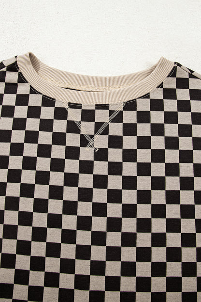 Khaki Checkered Patchwork High Low Round Neck Casual Top