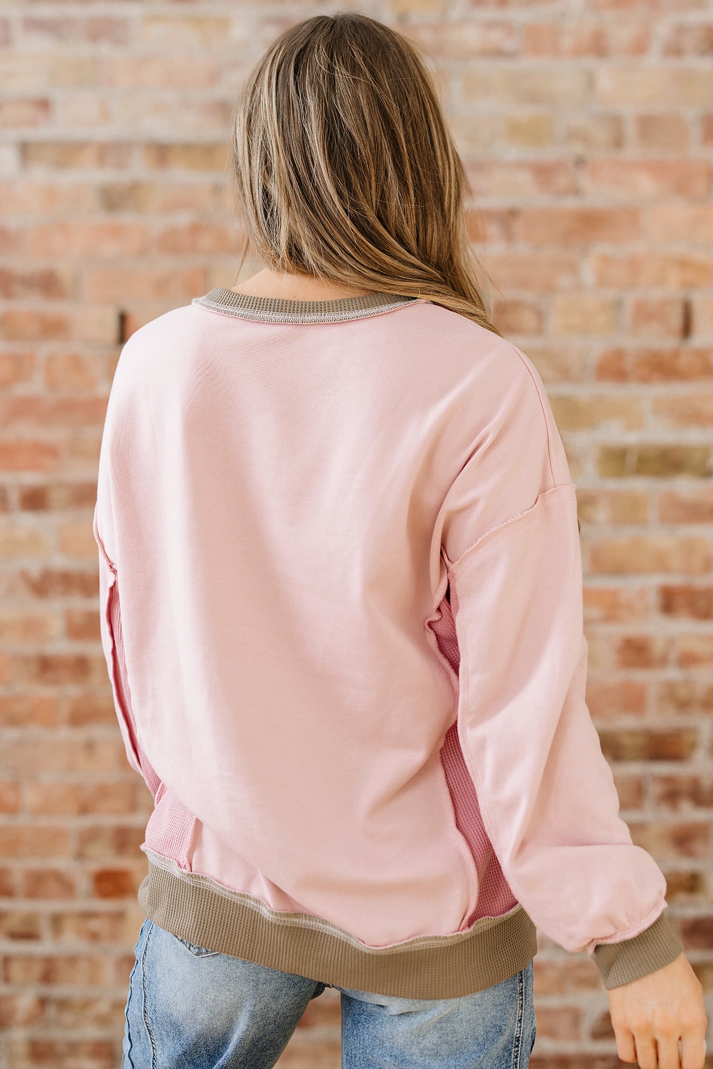 Color Block Patchwork Waffle Knit Oversized Sweatshirt
