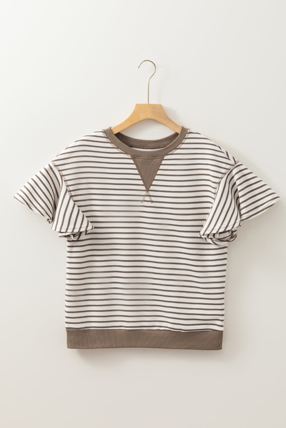 Green Striped Ruffle Sleeve Contrast Casual Top