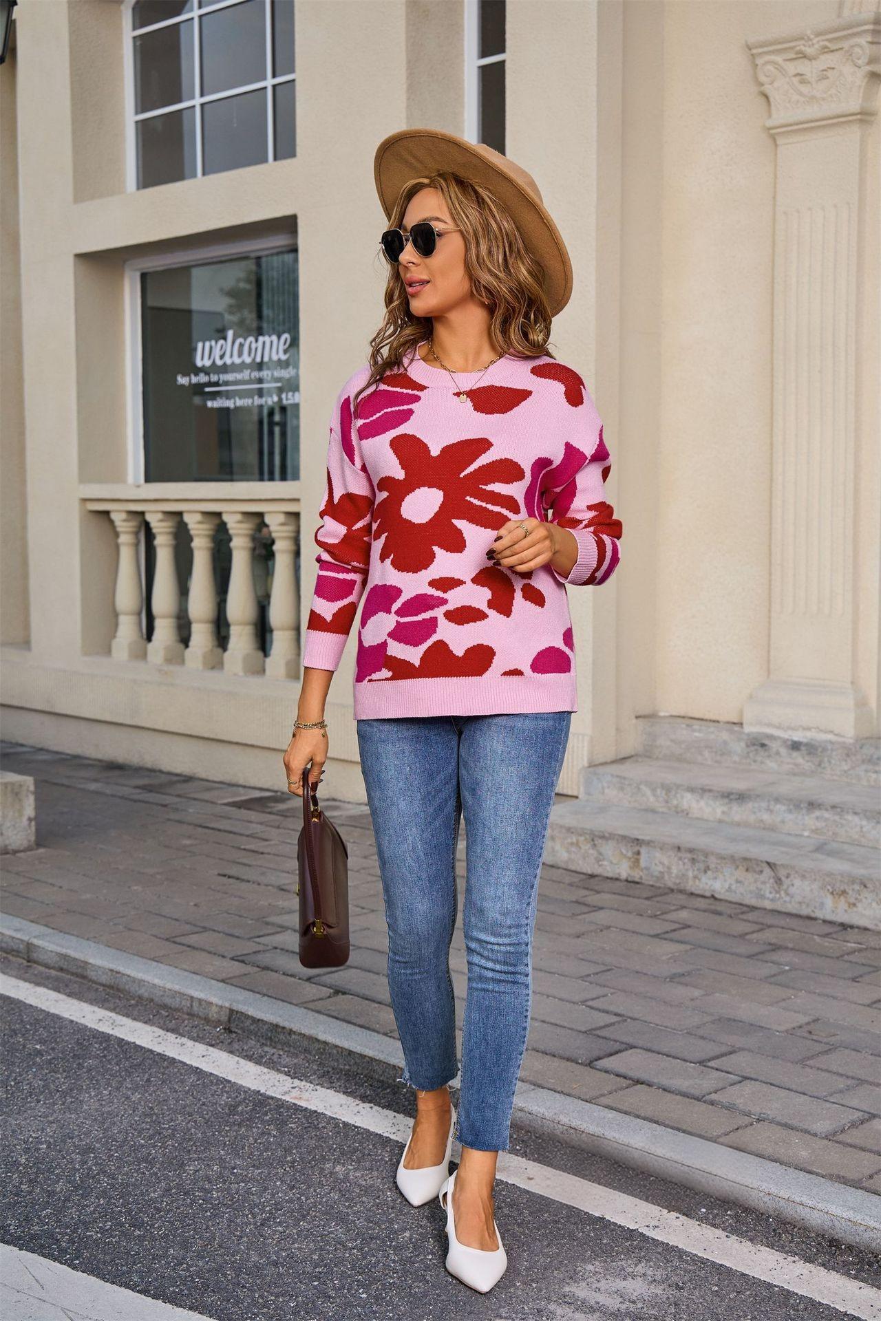 Bold Floral Print Pullover – Colorful Knit Sweater for Fall