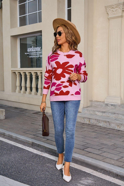 Bold Floral Print Pullover – Colorful Knit Sweater for Fall