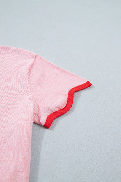 Pink Contrast Scallop Trim Mock Neck Sweater Tee