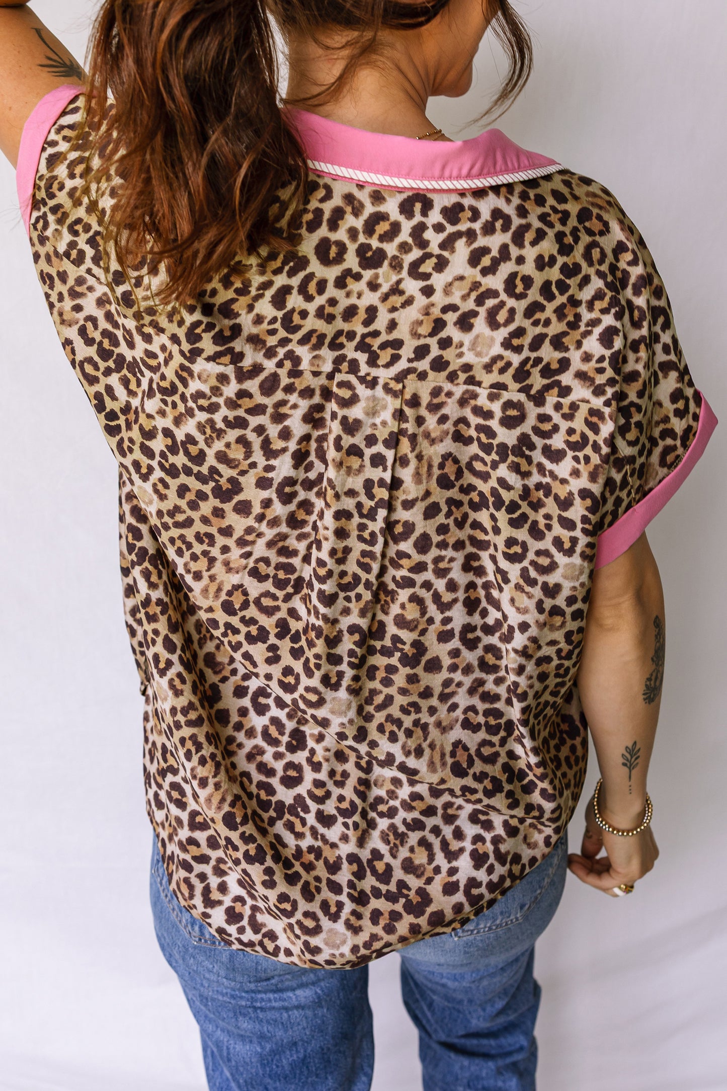 Leopard Print Button Down Shirt Contrast Trim Top