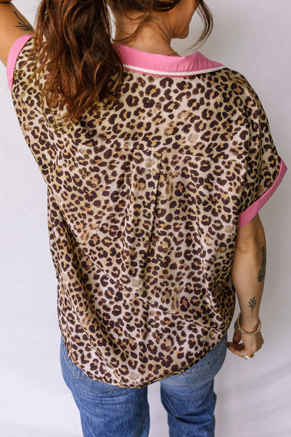 Leopard Print Button Down Shirt Contrast Trim Top