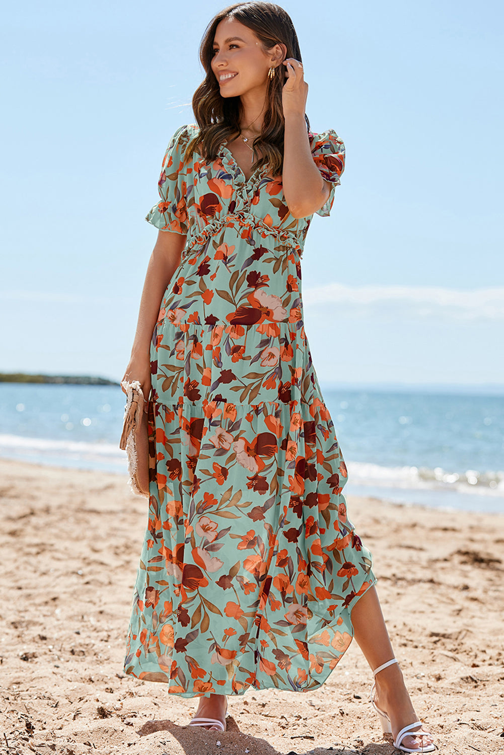 Sky Blue Floral V Neck Ruffle Short Sleeve Maxi Dress