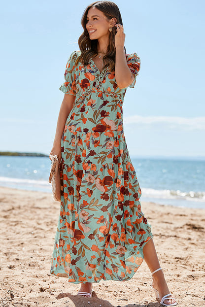 Sky Blue Floral V Neck Ruffle Short Sleeve Maxi Dress