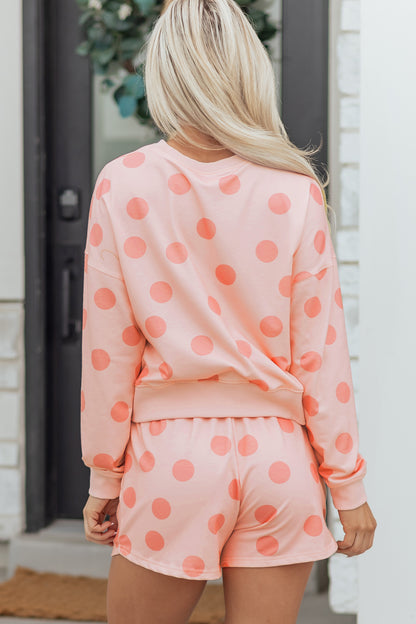 Pink Polka Dot Drop Shoulder Pullover Shorts Set