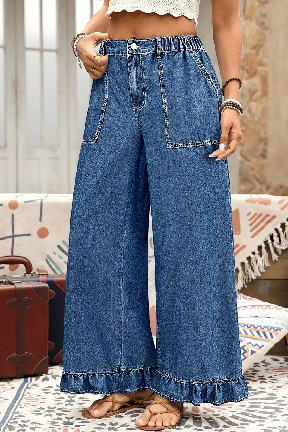Sail Blue Plus Size Elastic Waist Ruffle Hem Jeans