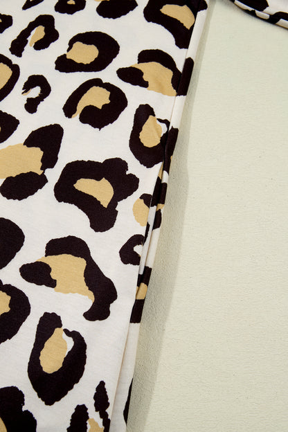 Khaki Leopard Long Sleeve T Shirt Shift Dress with Pockets