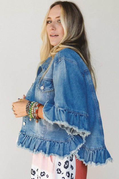Ruffle Trim Raw Hem Half Sleeve Cropped Denim Jacket