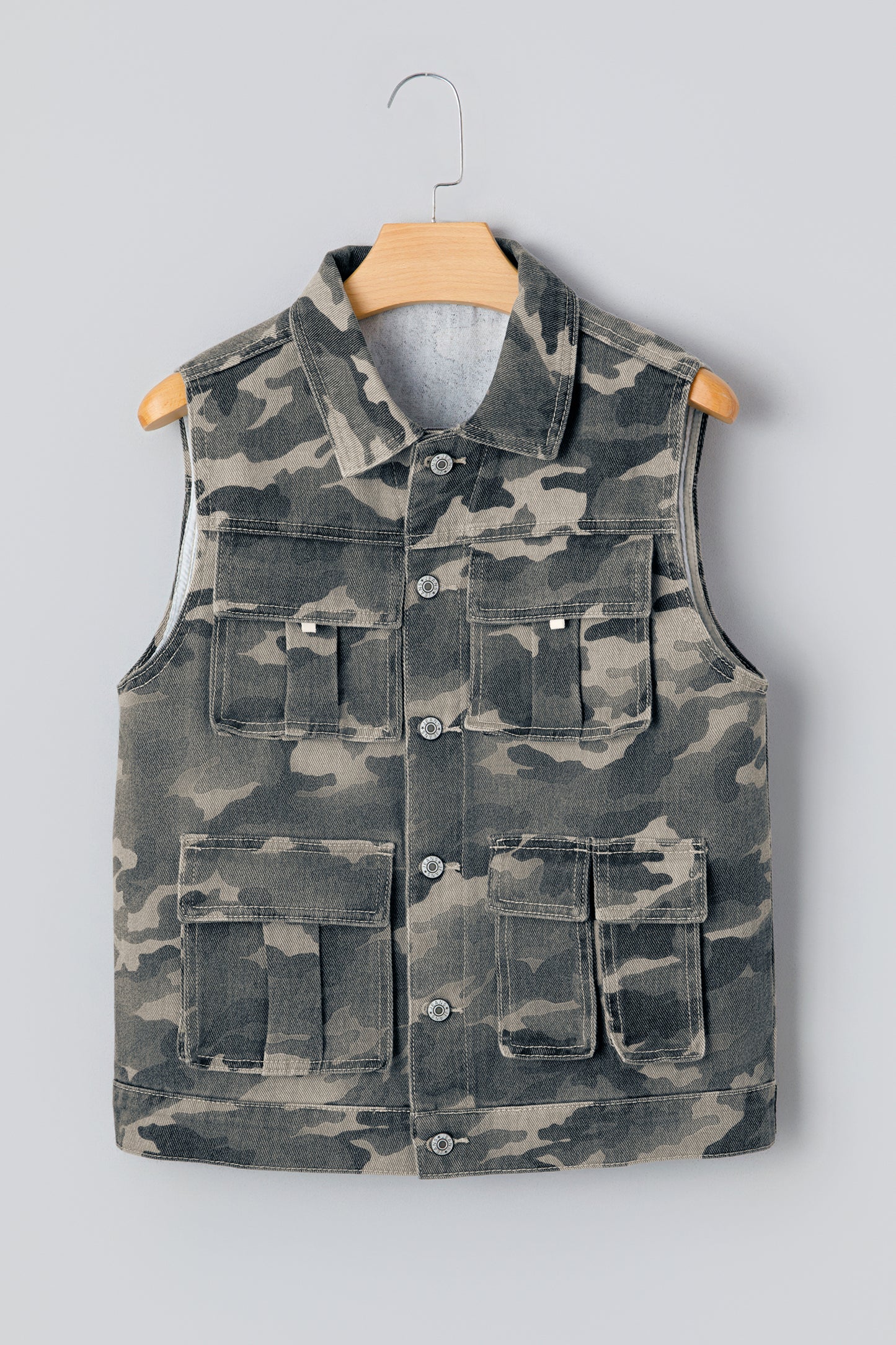 Camo Cargo Button Down Denim Vest with Utility Pockets