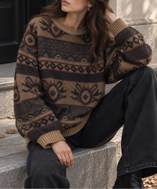 Women's Oversized Vintage Jacquard Crewneck Knit Sweater