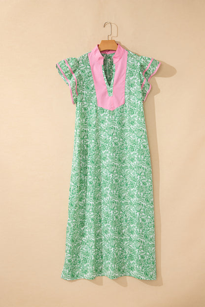Floral Color Block V Neck Flutter Sleeve Midi Dress
