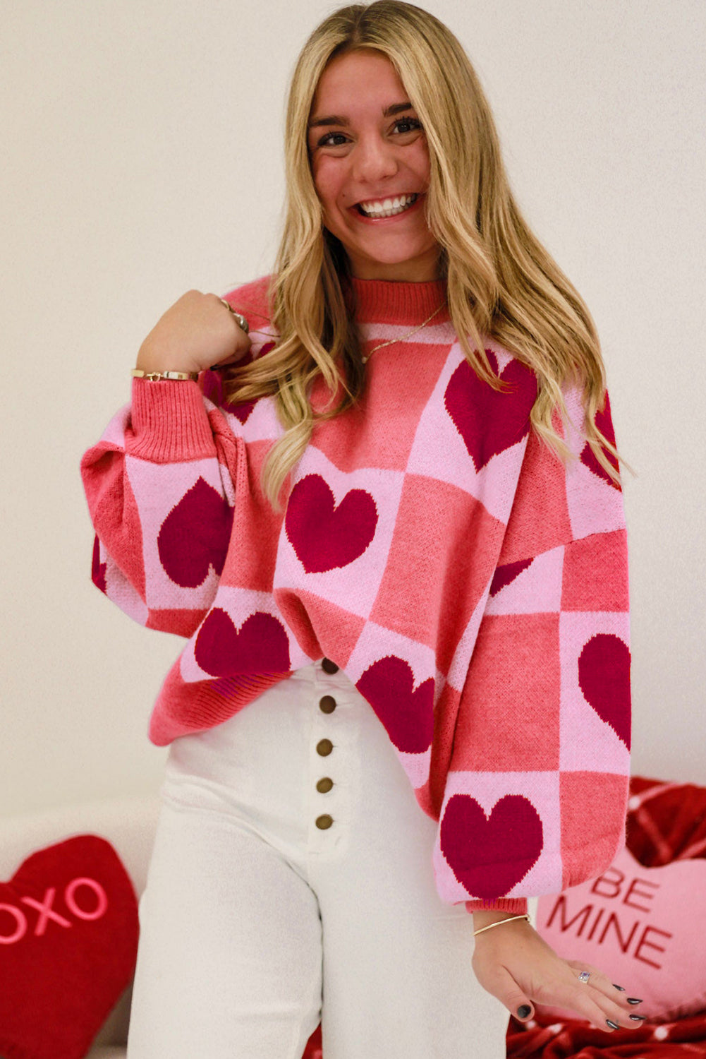Pink Heart Checker Valentine Mock Neck Lantern Sleeve Sweater