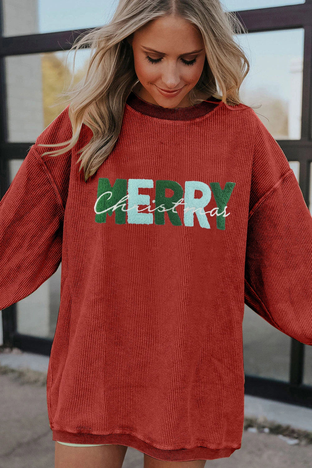 Strawberry Pink Chenille Letter MERRY Christmas Sweatshirt