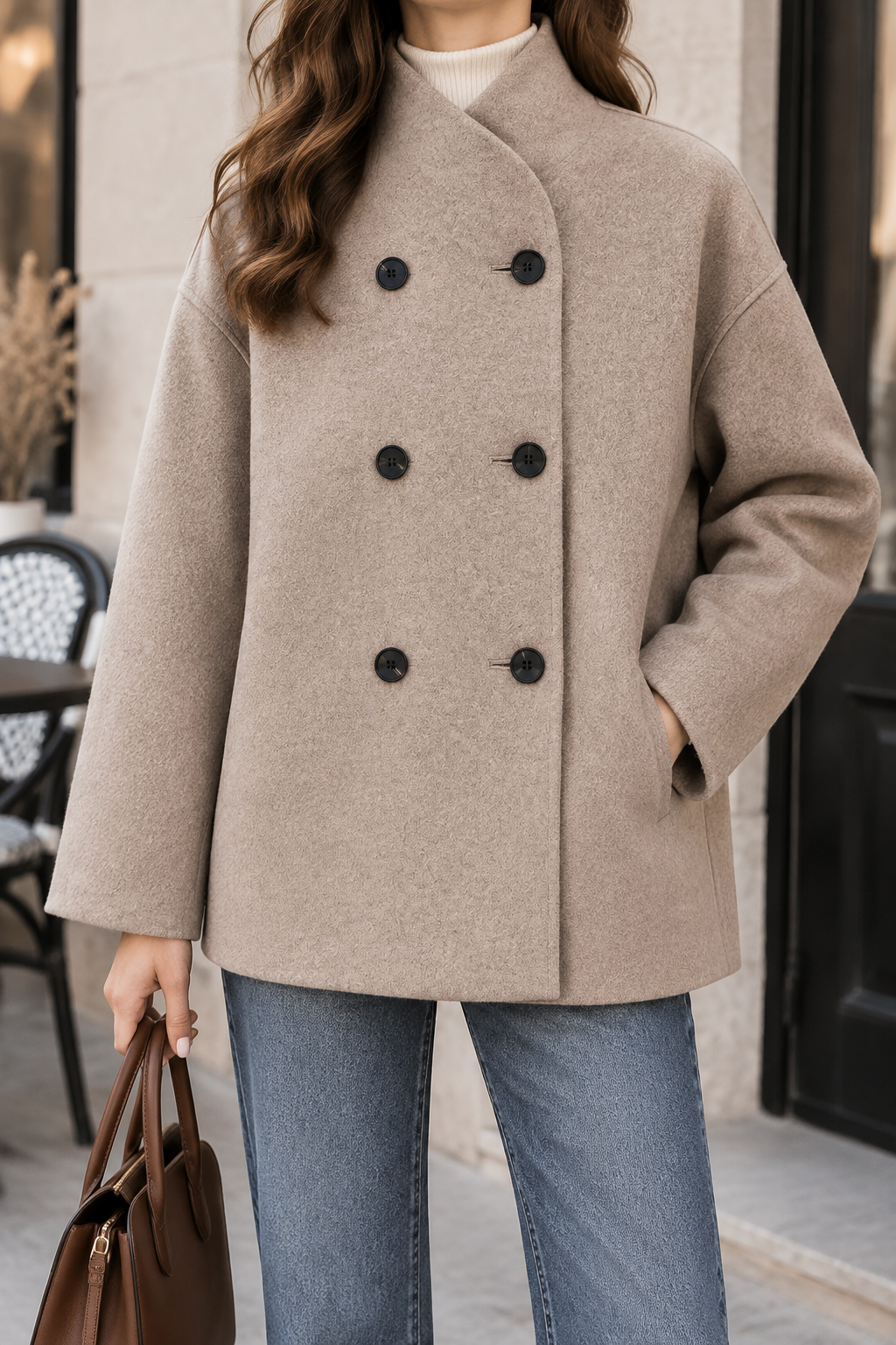 Womens Cropped Double Breasted Wool Blend Jacket