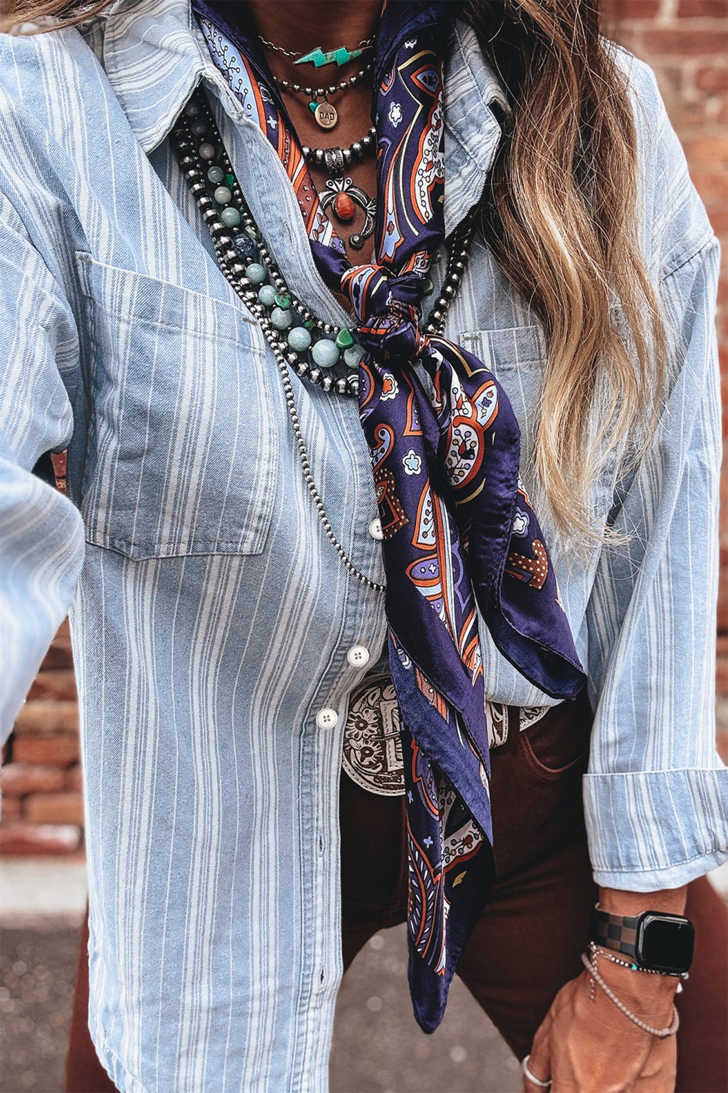 Striped Denim Shacket for Women Button Down Shirt Jacket