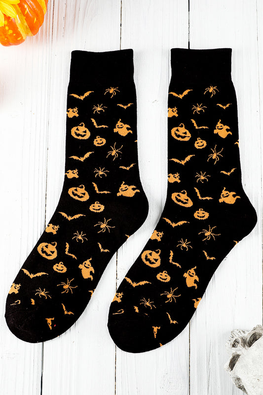 Black Halloween Pumpkin Ghost Bat Print Cotton Socks