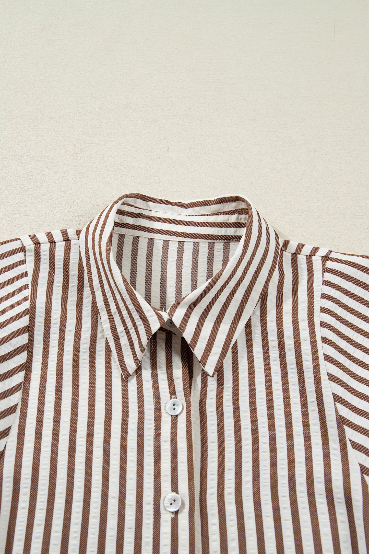 Brown Stripe Knot Waist Puff Sleeve Button Down Shirt Dress