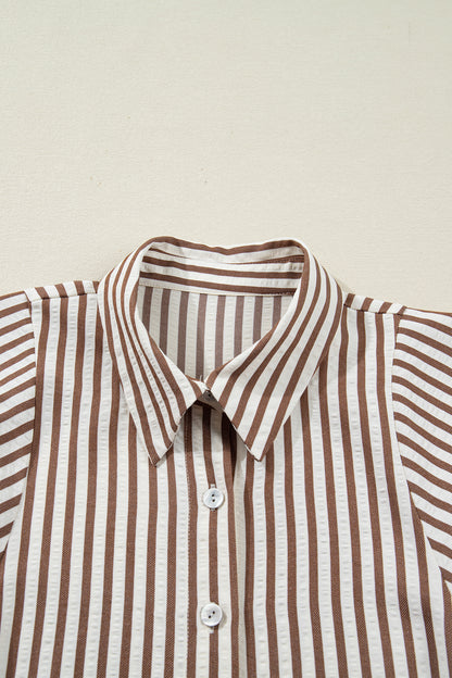 Brown Stripe Knot Waist Puff Sleeve Button Down Shirt Dress