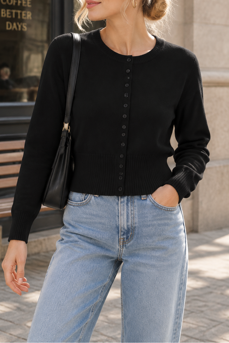 Women's Crew Neck Button Front Long Sleeve Knit Cardigan
