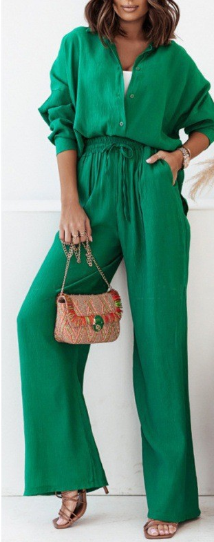 Women's Casual Two Piece Set Button Shirt Wide Leg Pants