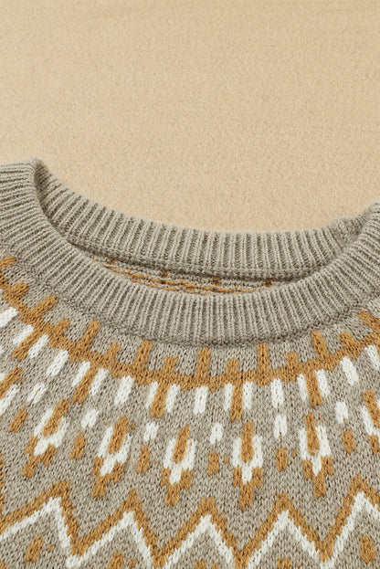 Gray Geometric Pattern Ribbed Round Neck Sweater