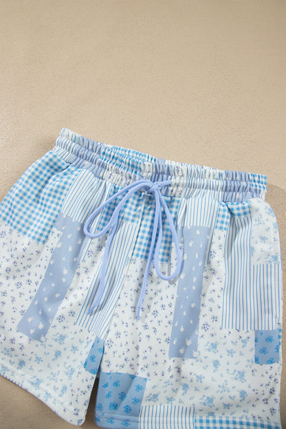Sky Blue Floral Patchwork Pullover Shorts Set