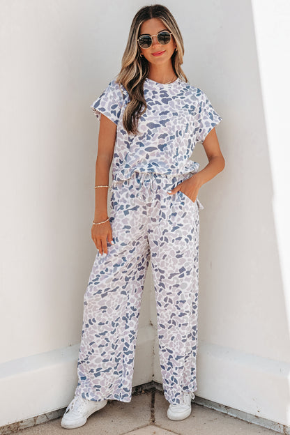 Women Camo Print Two Piece Set Casual Tee Drawstring Pants