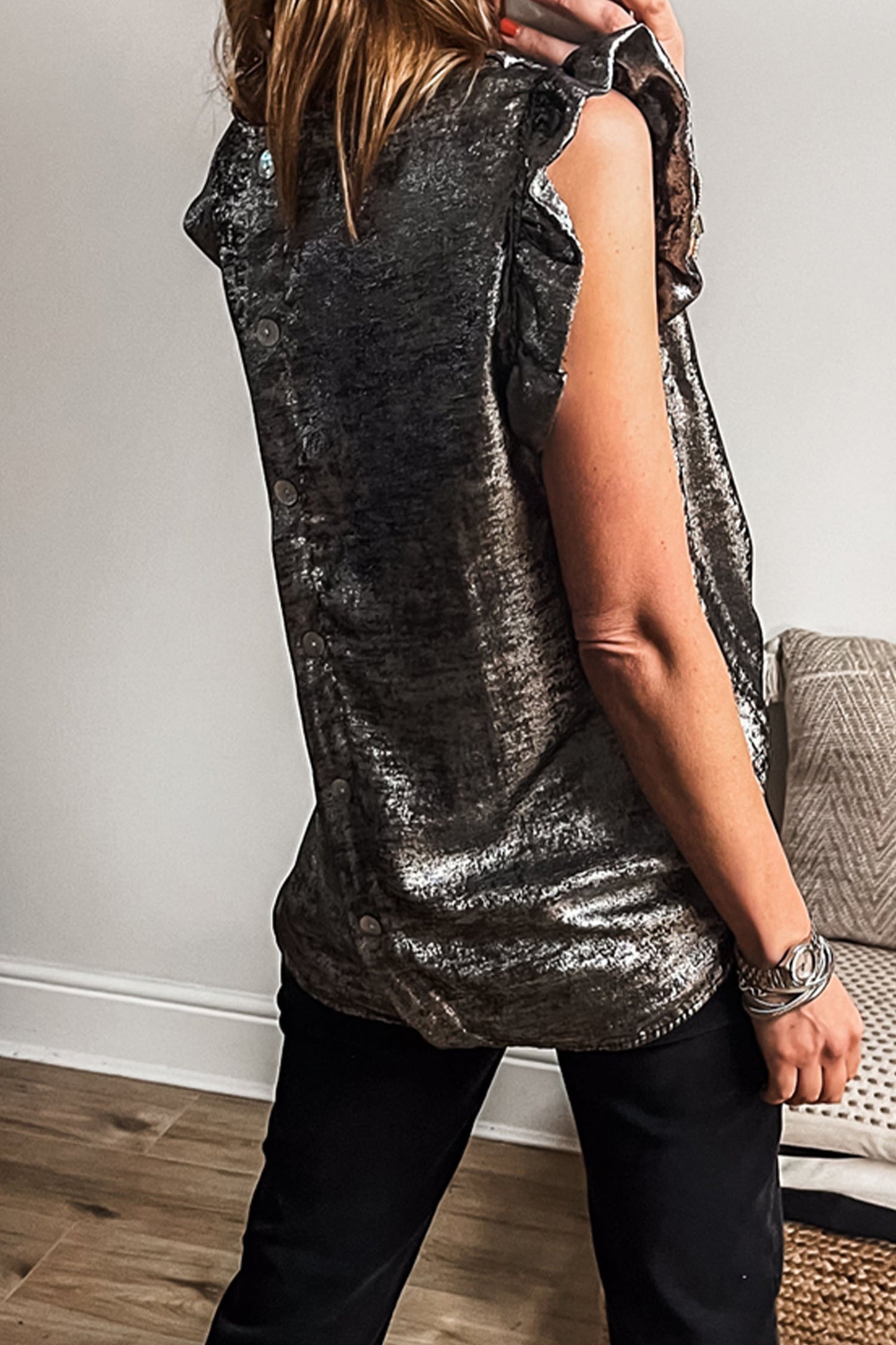 Silver Metallic Ruffle Shoulder Sleeveless Party Top